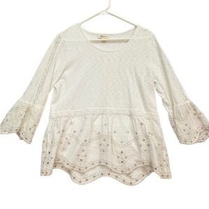 Style & Co Peplum Top Women PL Cream Eyelet Embroidered Bell Sleeve Boho Petite